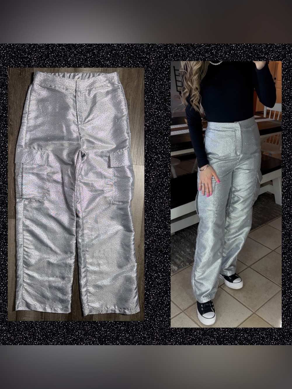 A Peach Boutique Silver Metallic Rhinestone Embellished Wide Leg Cargo Pant
